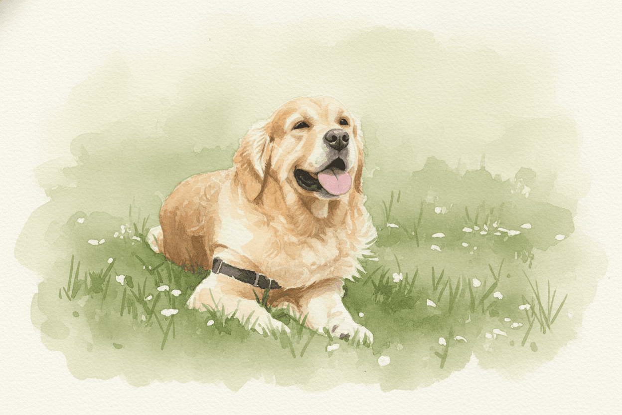 A watercolor painting of a golden retriever in the grass — the customer's real photo, hand-painted as wall art