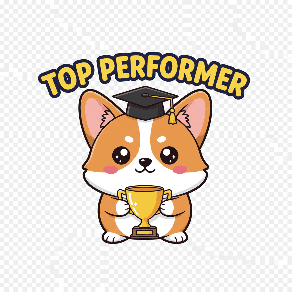 AI-generated employee appreciation shirt design: a beaming corgi in a graduation cap holding a gold trophy, Top Performer lettering