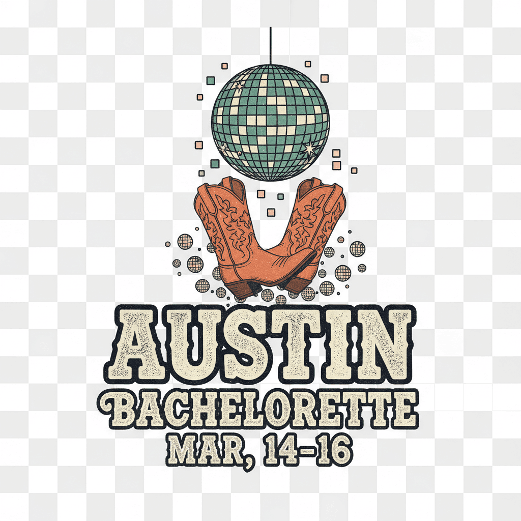AI-generated bachelorette party shirt design from MagCult — vintage cowboy boots under a disco ball with Austin Bachelorette lettering, vintage-distressed style