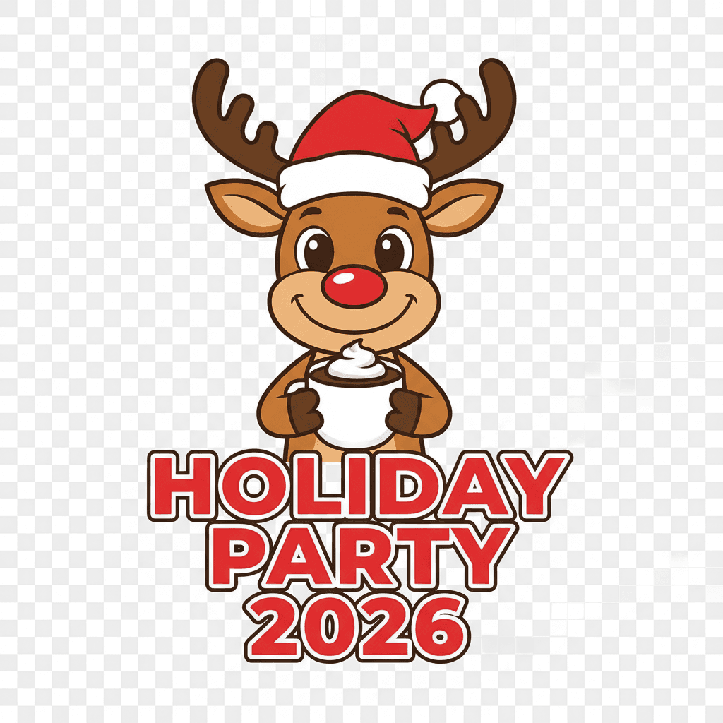 AI-generated company holiday party shirt design: cheerful reindeer in a Santa hat holding hot cocoa, Holiday Party 2026 lettering