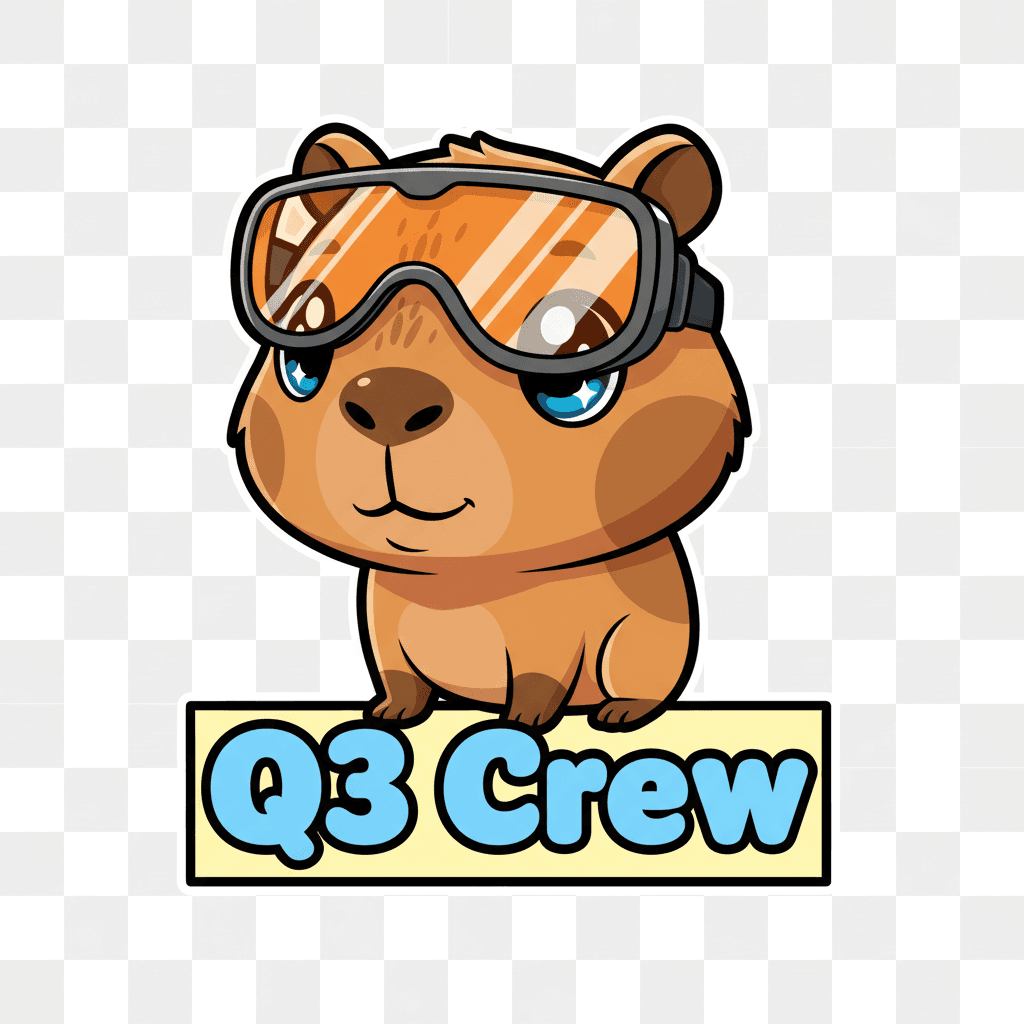 AI-generated company offsite shirt design: a chibi capybara wearing orange safety goggles with Q3 Crew lettering