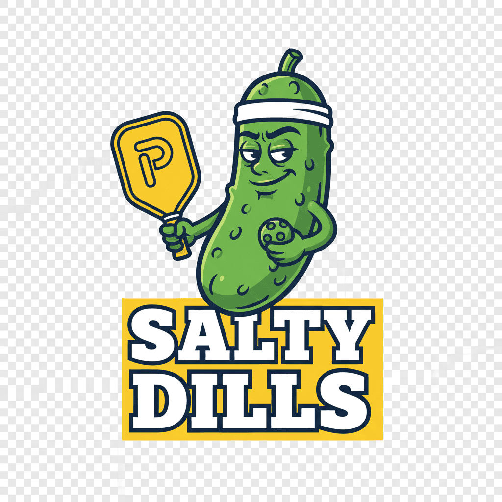 AI-generated sports team shirt design: a smug cartoon pickle holding a pickleball paddle, Salty Dills team name underneath