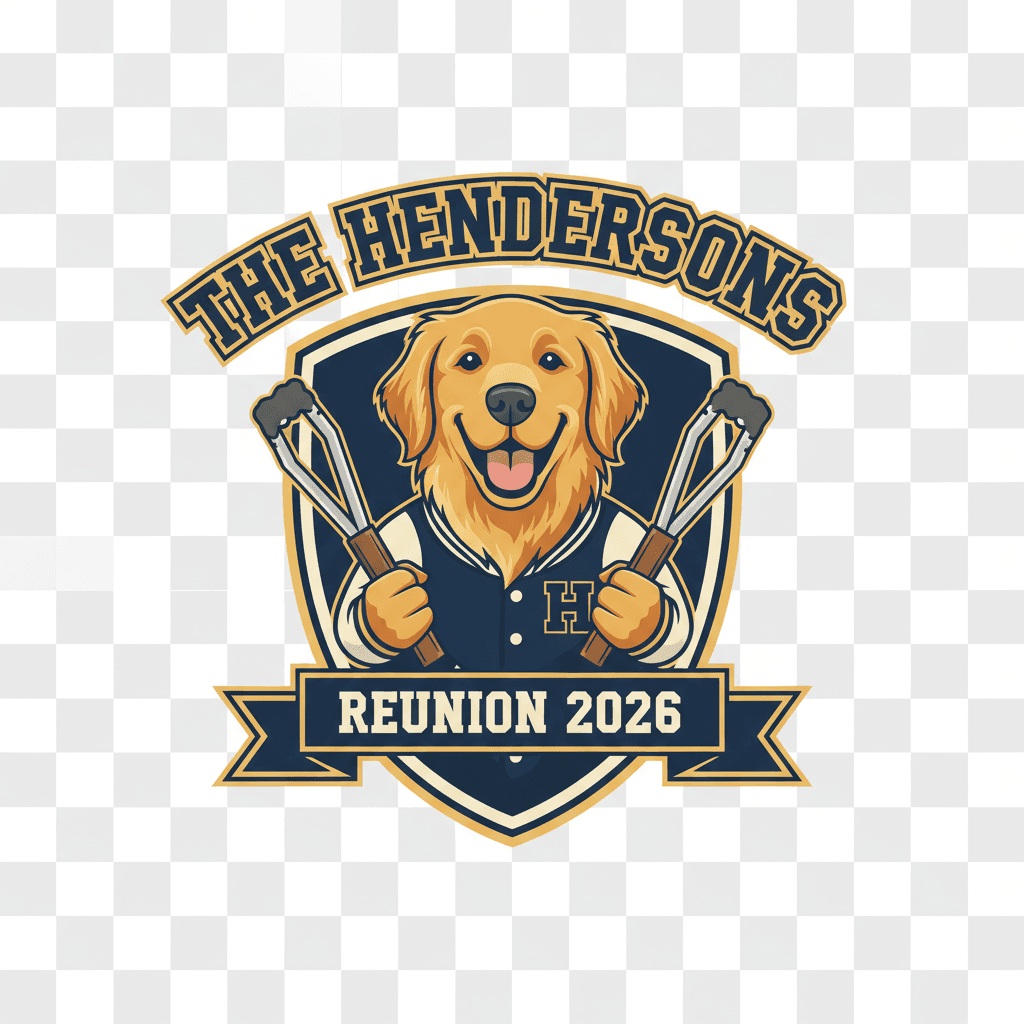 AI-generated family reunion shirt design: golden retriever holding BBQ tongs, The Hendersons arc above, Reunion 2026 below