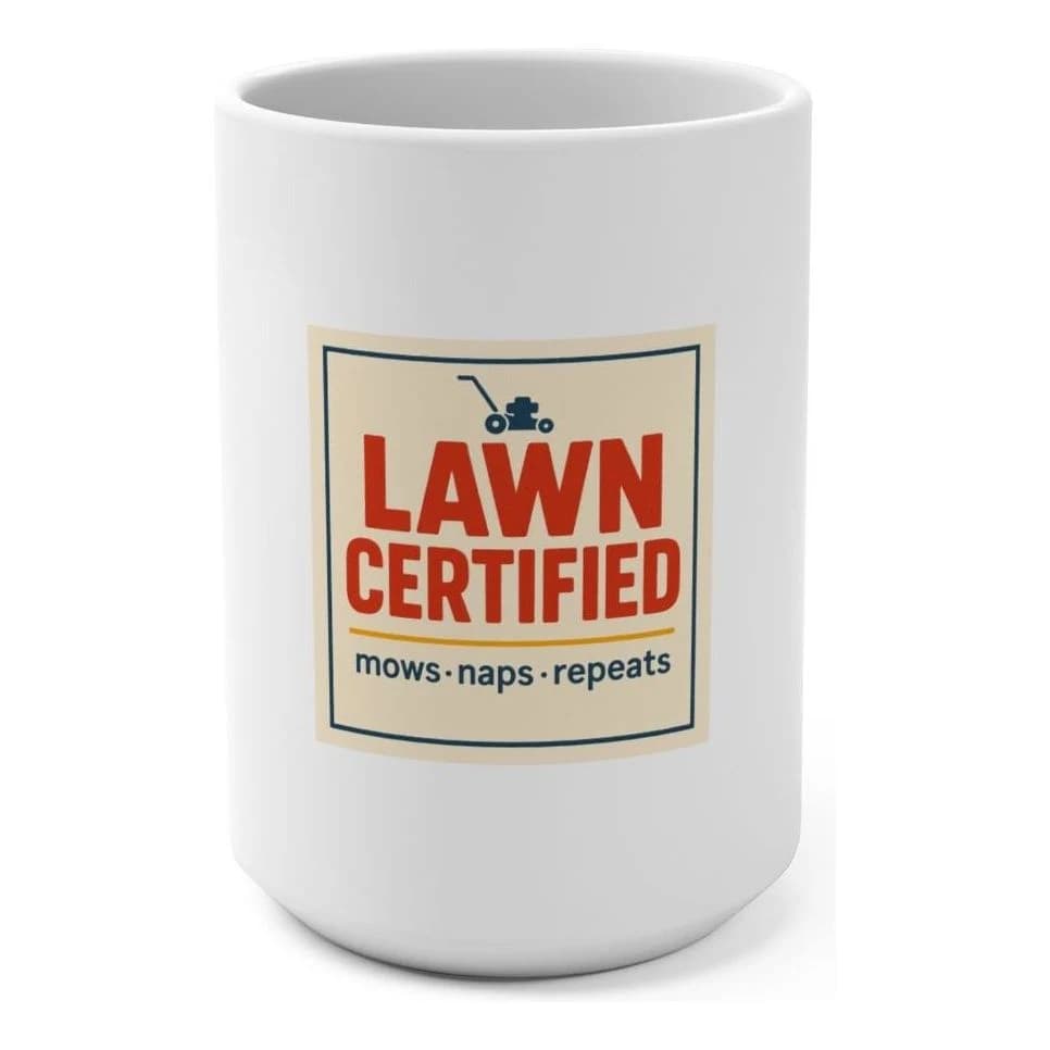 Lawn certified · mows · naps · repeats, 15oz ceramic mug