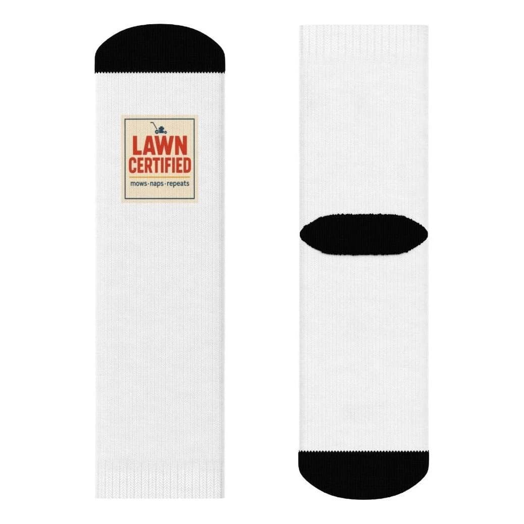 Lawn certified · mows · naps · repeats, All-over print socks