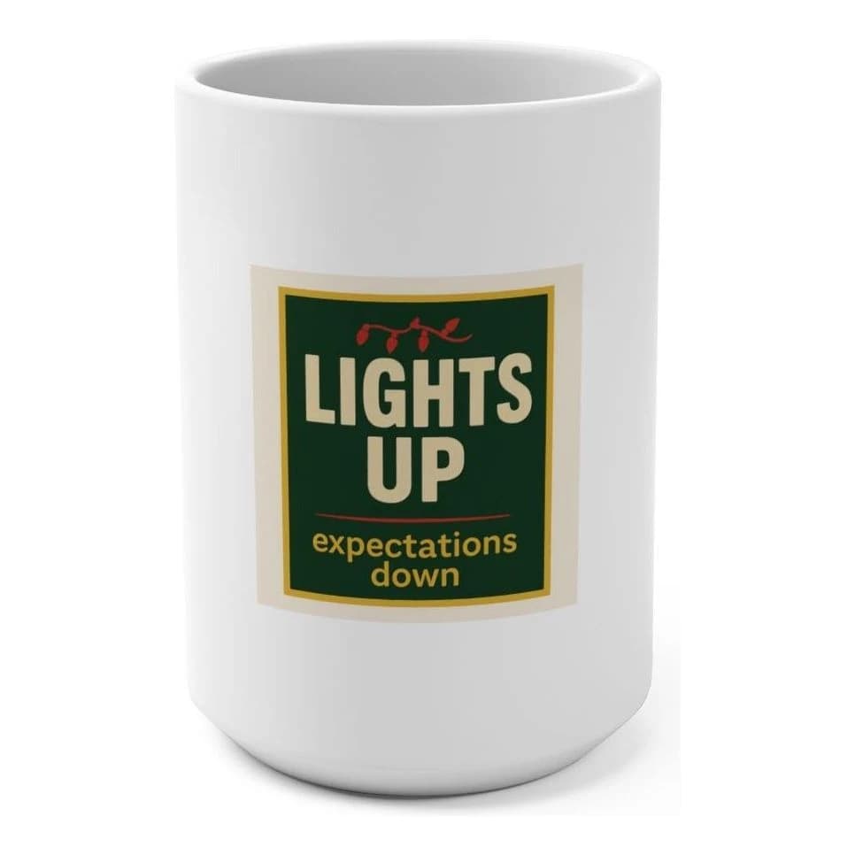 Lights up · expectations down, 15oz ceramic mug